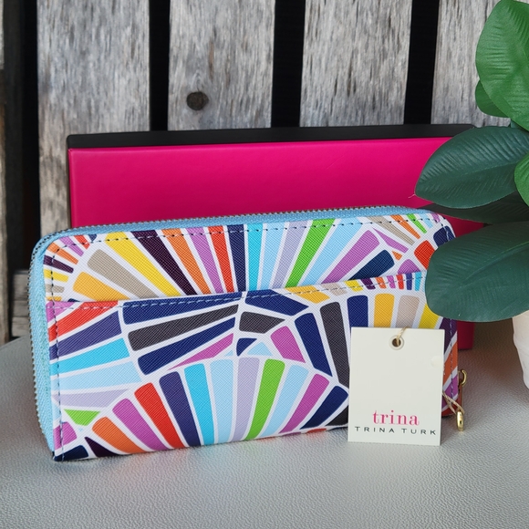 Trina Turk Vibrant Multi Color Geometric Fan Stripe Wallet - Picture 2 of 5